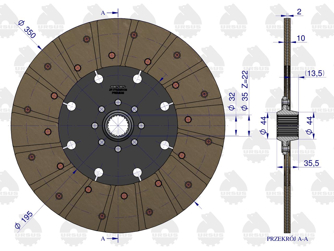 Tarcza sprzęgła fi 350 pias.22 frezy C-385 PREMIUM ORYGINAŁ URSUS