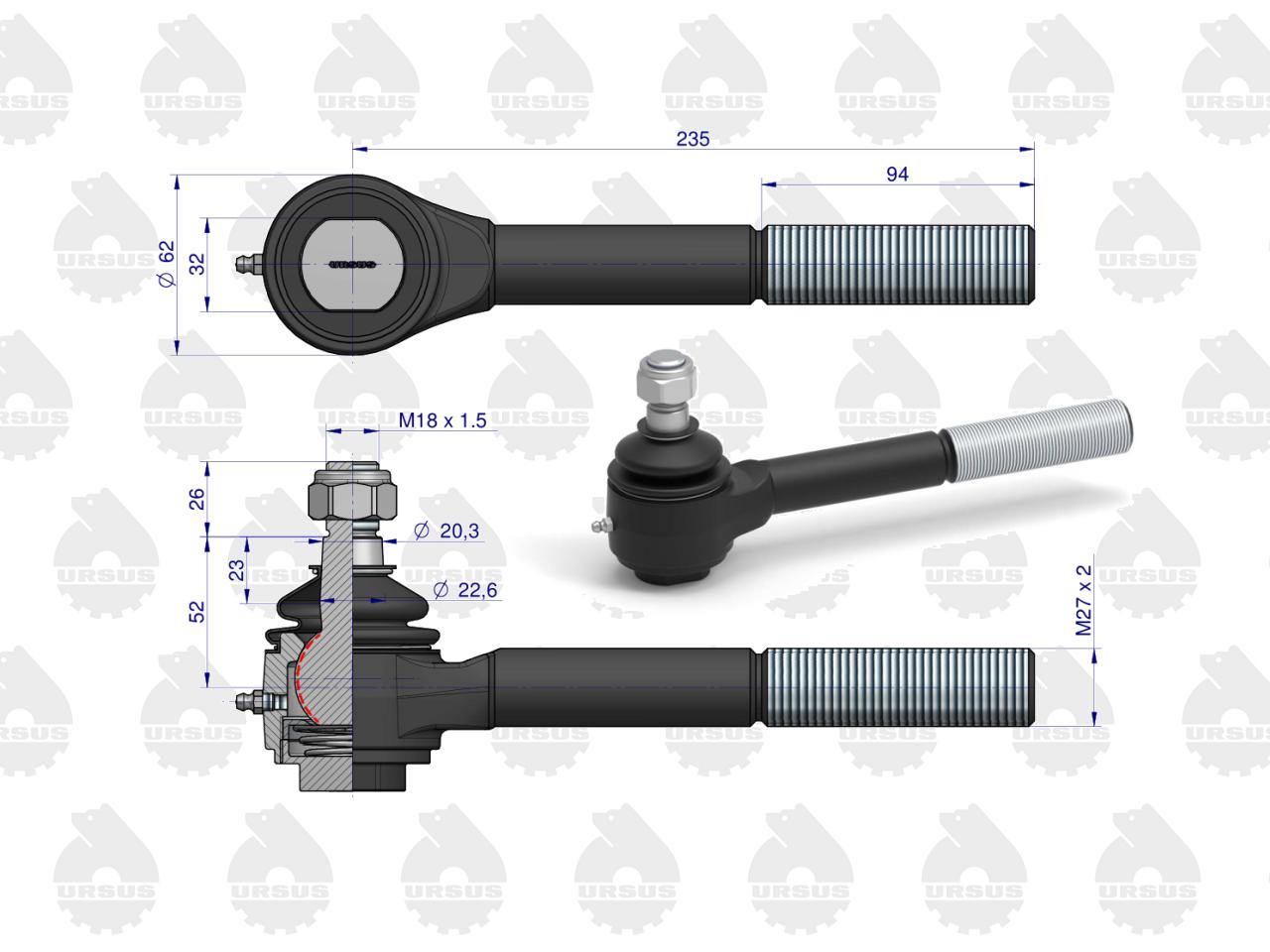 Przegub kulowy długi prawy gwintowany z nakrętką C-385 ORYGINAŁ URSUS