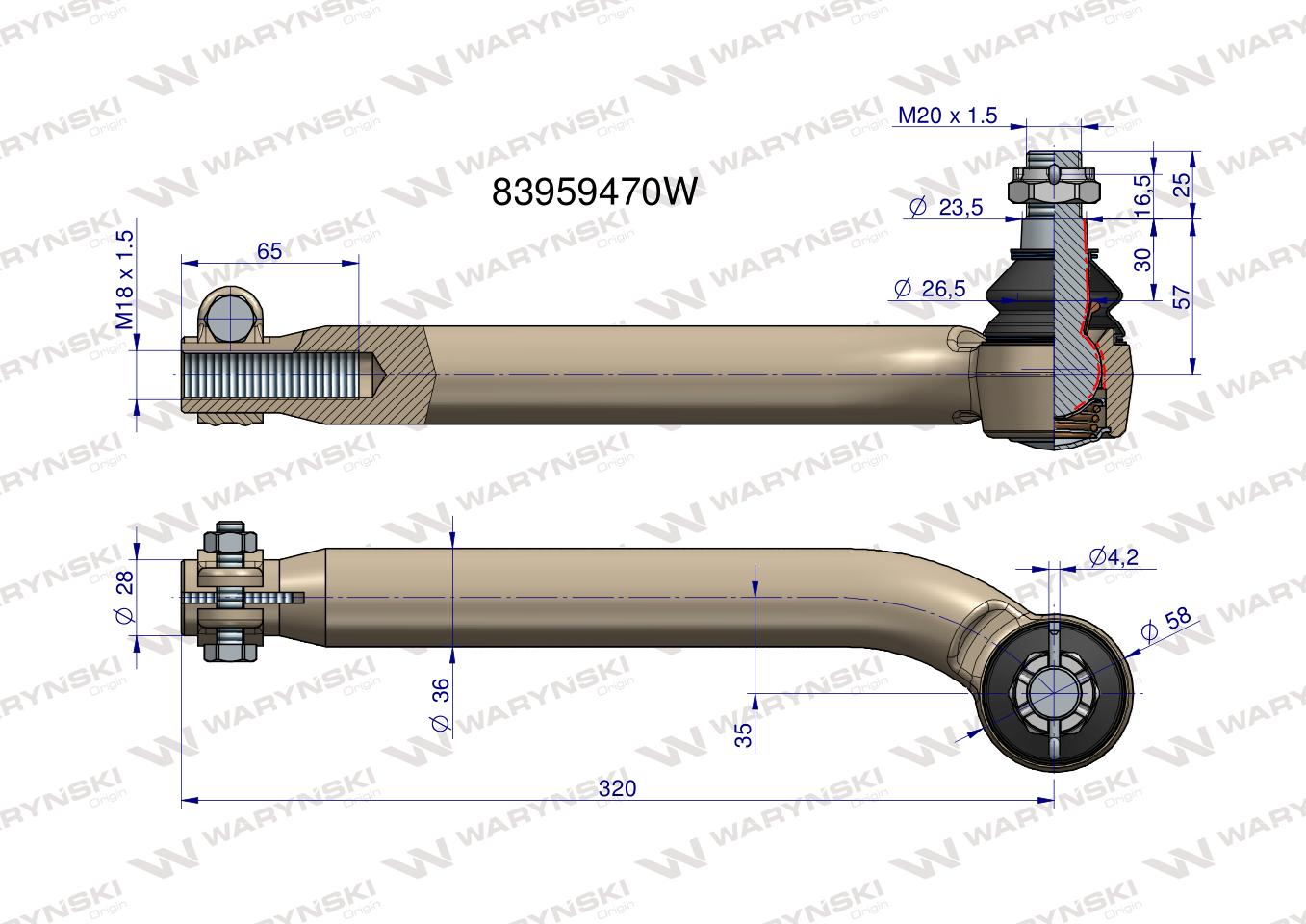 Przegub kierowniczy M18x1.5L 83959470 WARYŃSKI