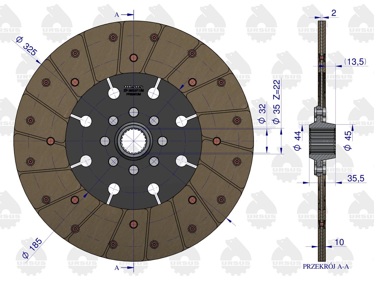 Tarcza sprzęgła fi 325 pias.22 frezy C-385 PREMIUM ORYGINAŁ URSUS