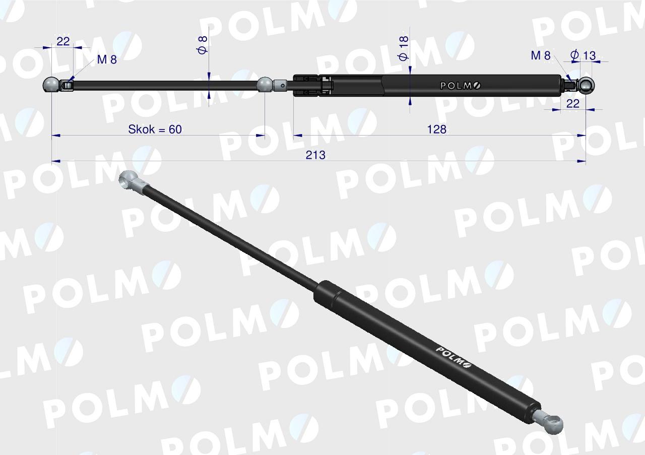Siłownik drzwi L max. 215mm 87408640P CASE IH FIAT FORD NEW HOLLAND POLMO