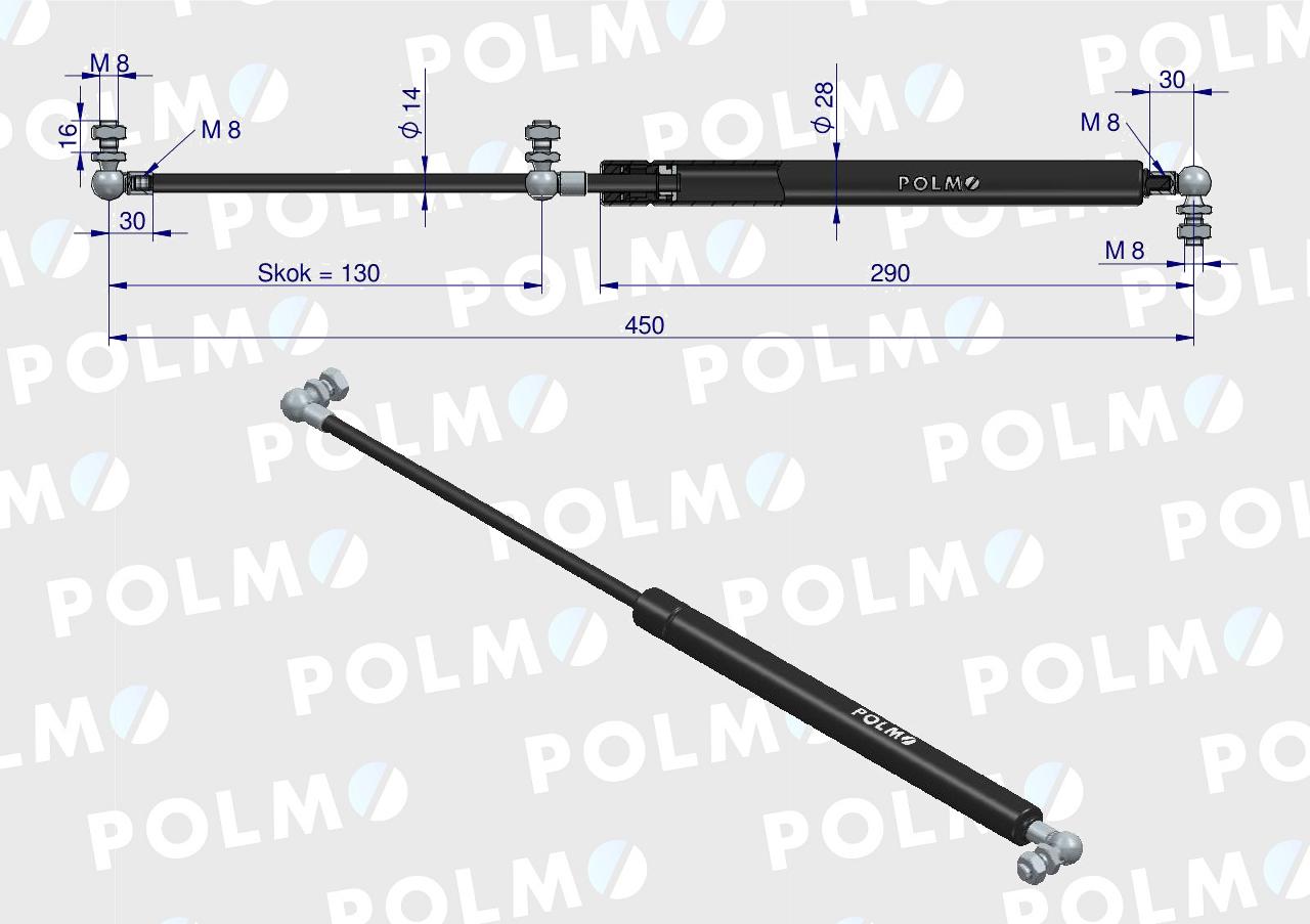 Siłownik maski silnika L max. 450mm 87480238P CASE IH NEW HOLLAND POLMO