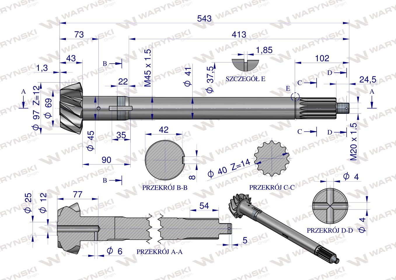 Wałek atakujący z kołem talerzowym C-385 śruby M12 88170989 WARYŃSKI