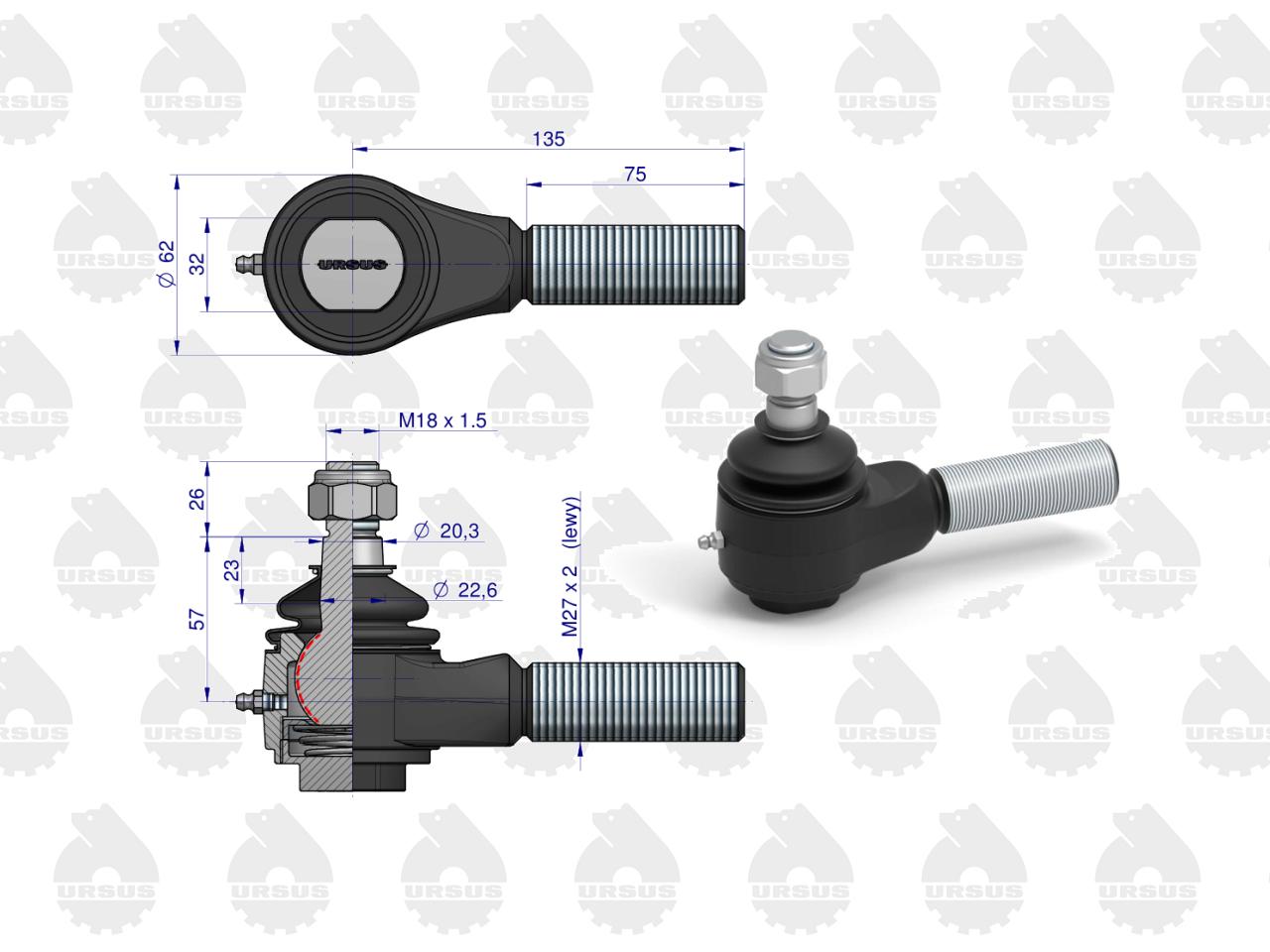 Przegub kulowy krótki lewy gwintowany z nakrętką 88221109 67453520 C-385 ORYGINAŁ URSUS