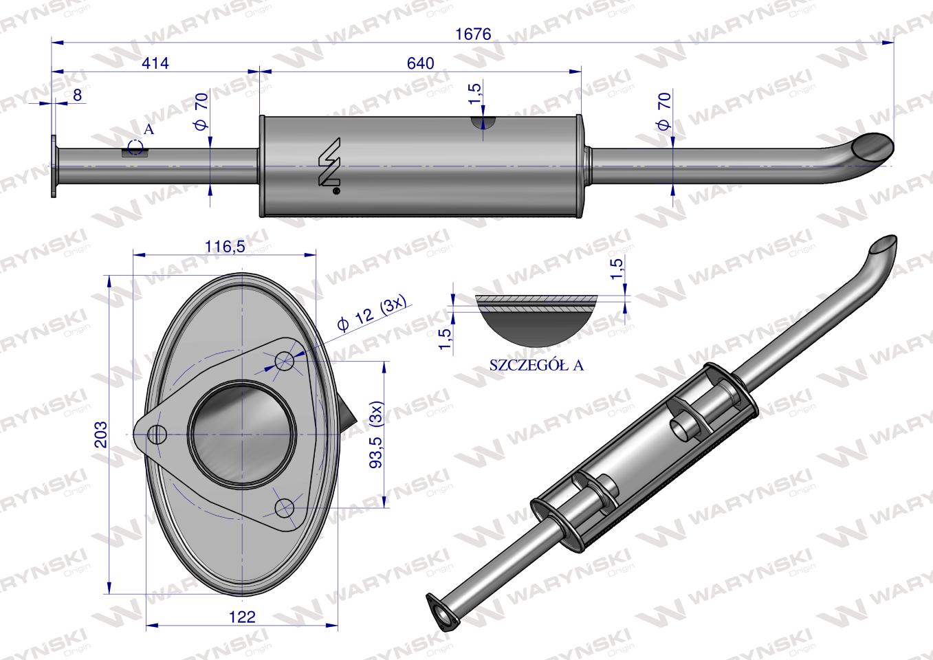 Tłumik TURBO 1676mm 9.8kg C-385 inox gięty wylot Waryński
