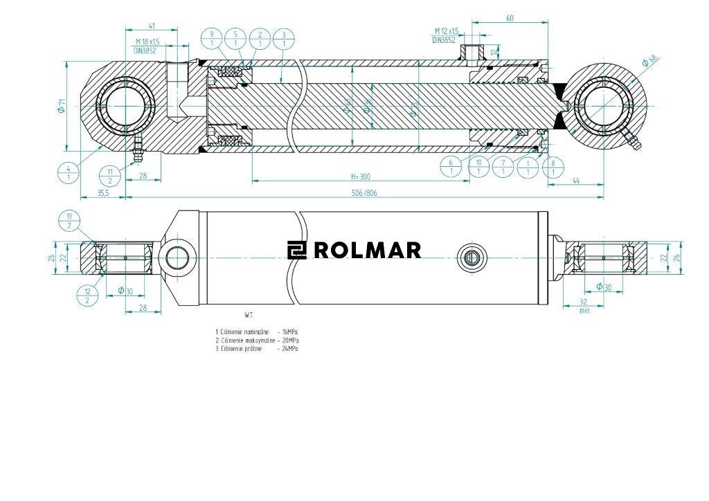 Cylinder hydrauliczny, siłownik pomocniczy podnośnika C-385 6-cyl. SMT2CJ.63.36.300 Kraj
