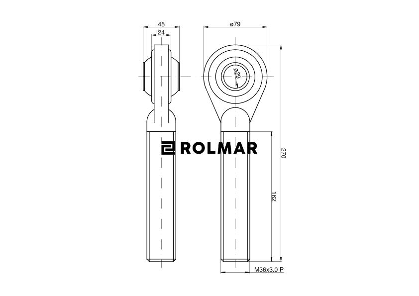 Główka wieszaka L kpl. M36x3 prawy sworzeń-fi28 C-385