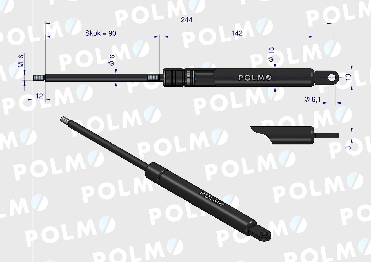 Siłownik szyby tylnej szyberdachu L max. 243,5mm AL28598P JOHN DEERE POLMO