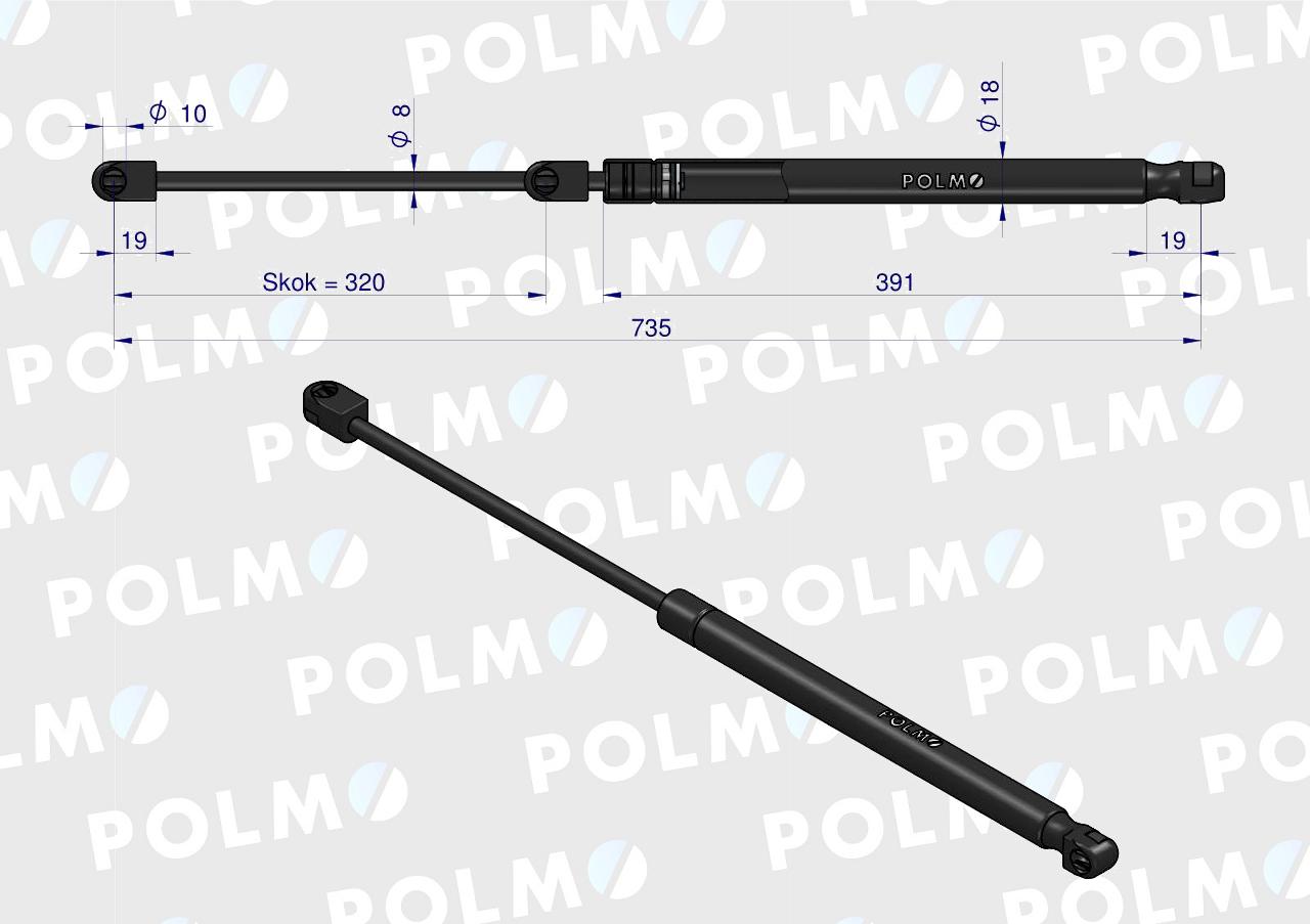 Siłownik szyby tylnej L max. 740mm AL66991P JOHN DEERE POLMO