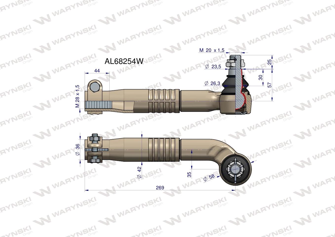 Przegub kierowniczy lewy 269mm- M28x1,5 AL68254 WARYŃSKI