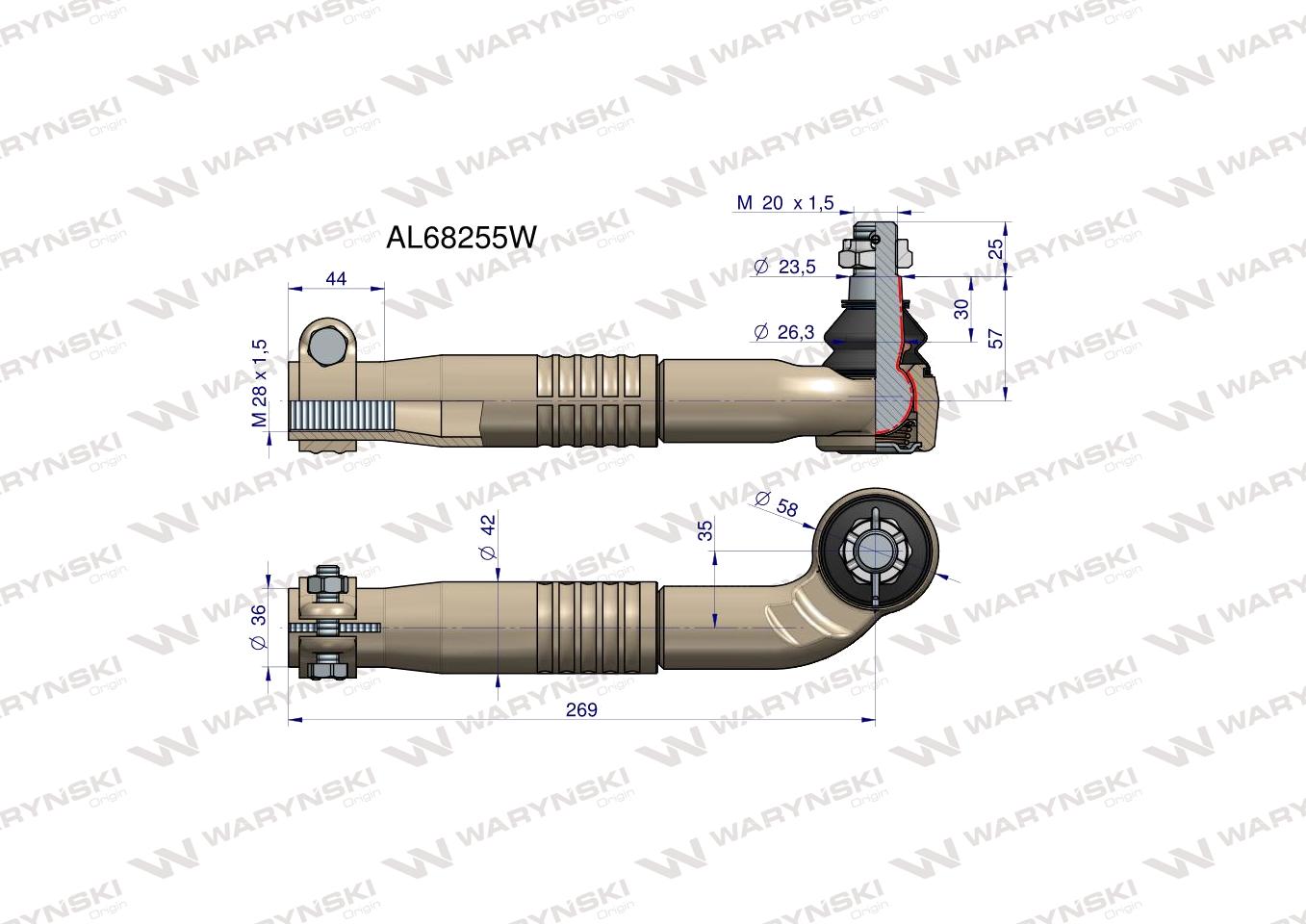 Przegub kierowniczy prawy 269mm- M28x1,5 AL68255 WARYŃSKI