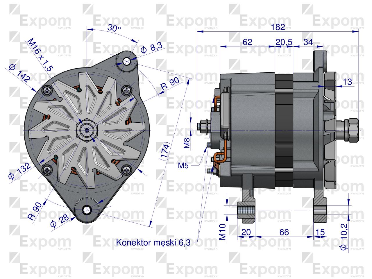 Alternator 14V. 95A. Zetor Forterra; 16359975. 9515713 EXPOM KWIDZYN eu