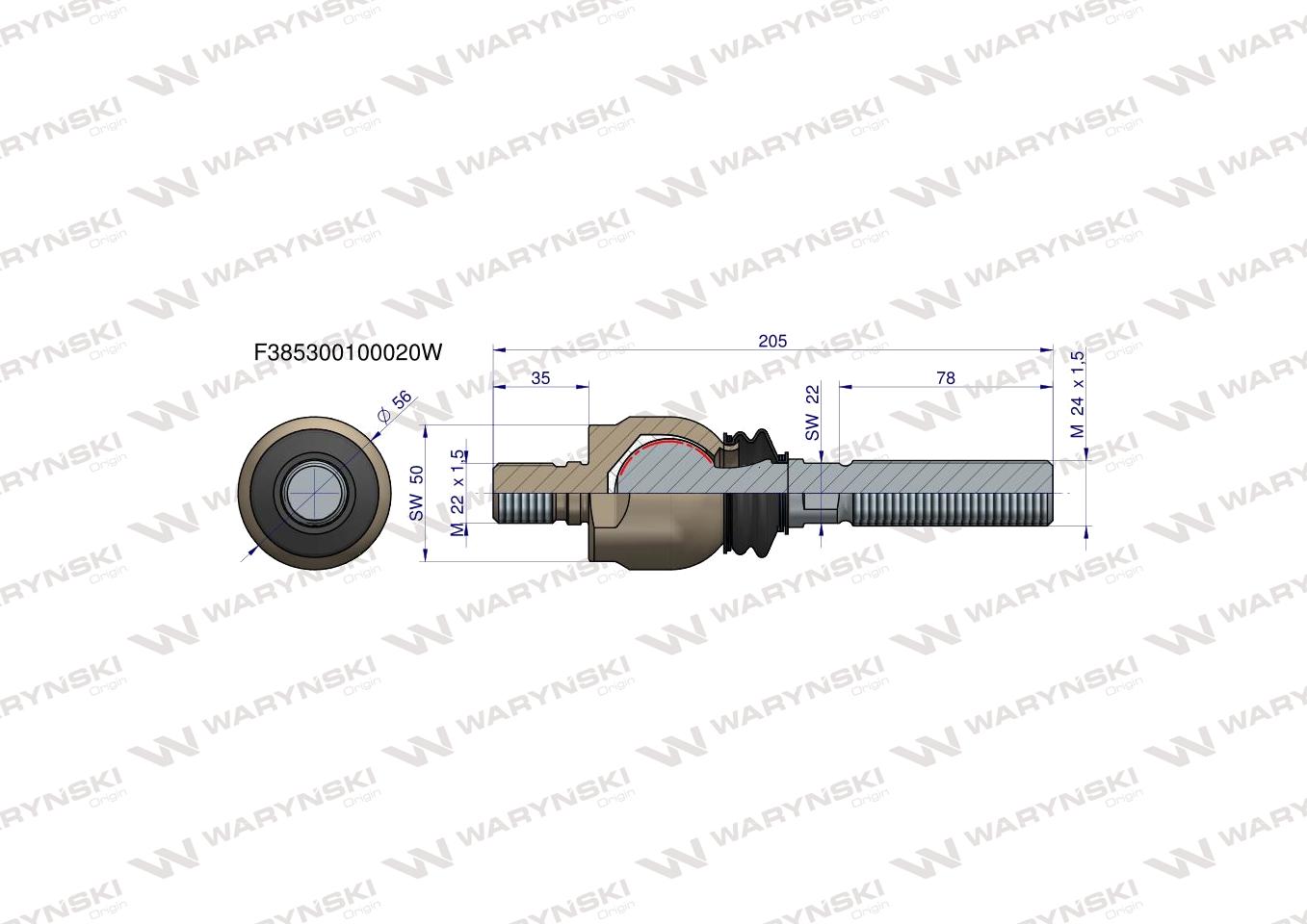 Przegub kierowniczy 205mm- M22x1,5; M24x1,5 F385300100020, F339300020290  WARYŃSKI