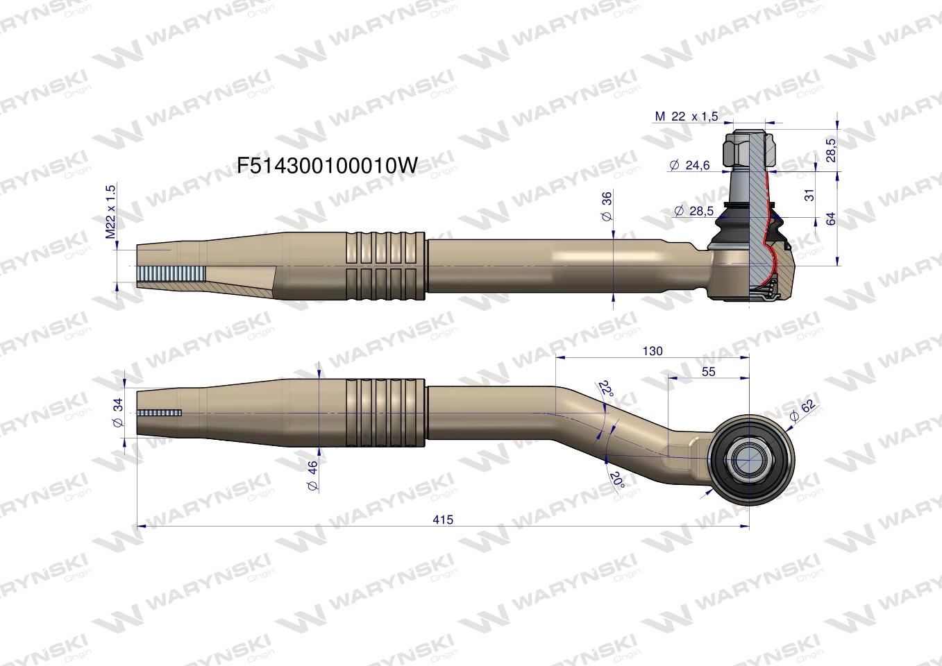Przegub kierowniczy prawy 415mm- M22x1,5 F514300100010 WARYŃSKI