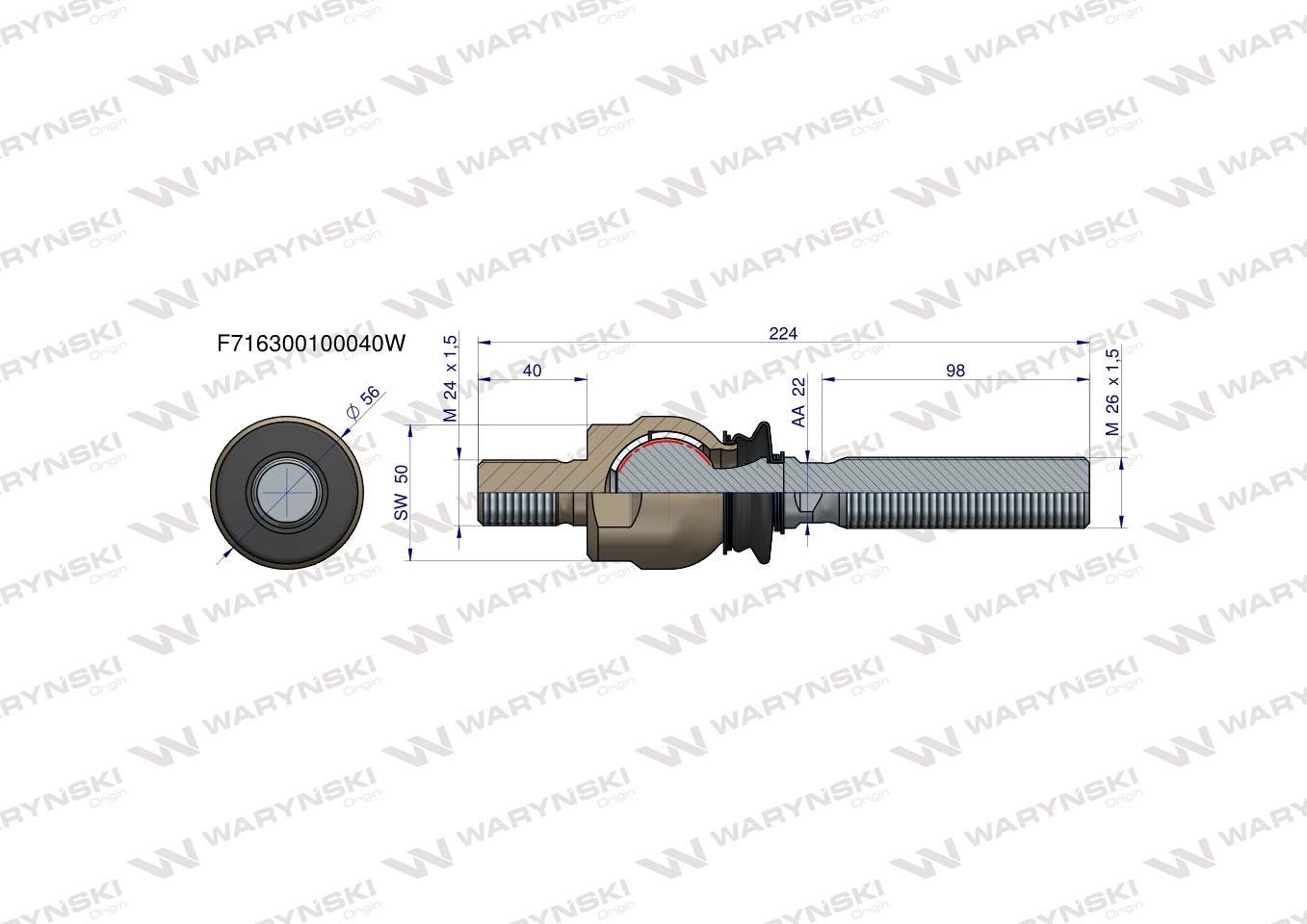 Przegub kierowniczy 224mm- M24x1,5; M26x1,5 F716300100040 WARYŃSKI