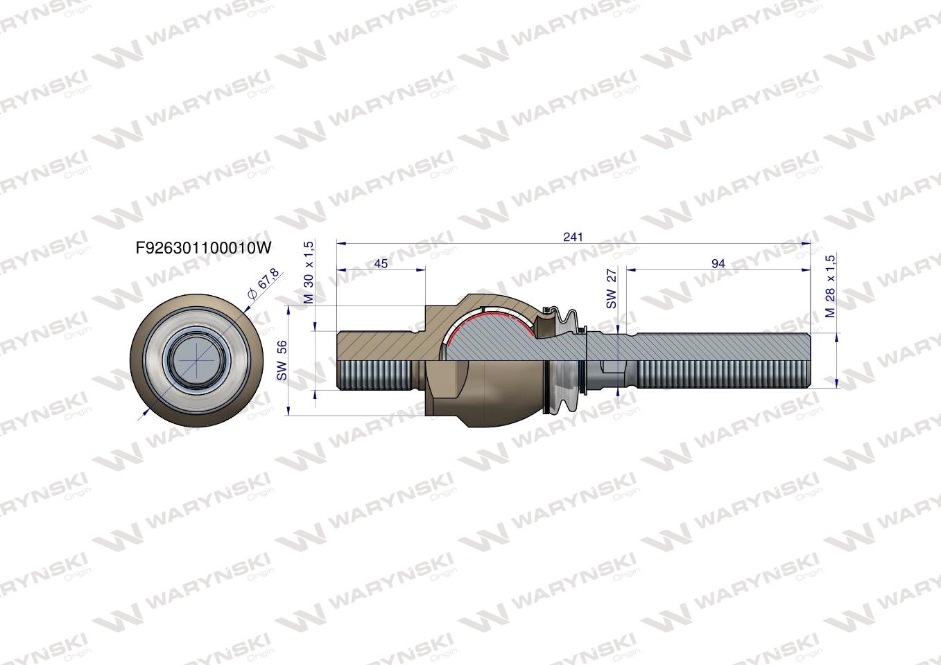 Przegub kierowniczy 241mm- M30x1,5; M28x1,5 F926301100010 WARYŃSKI