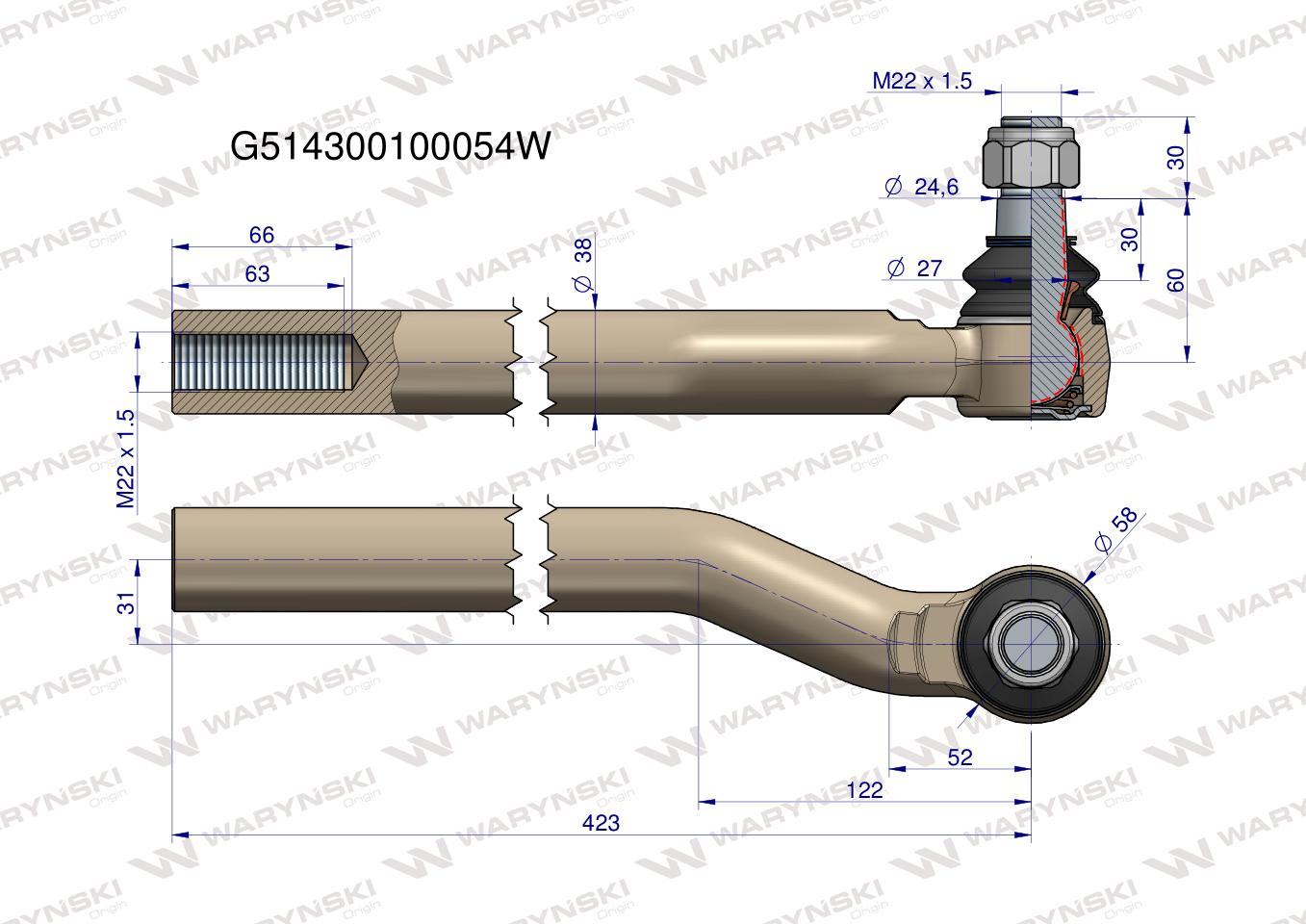 Przegub kierowniczy prawy M22x1.5 G514300100054 WARYŃSKI