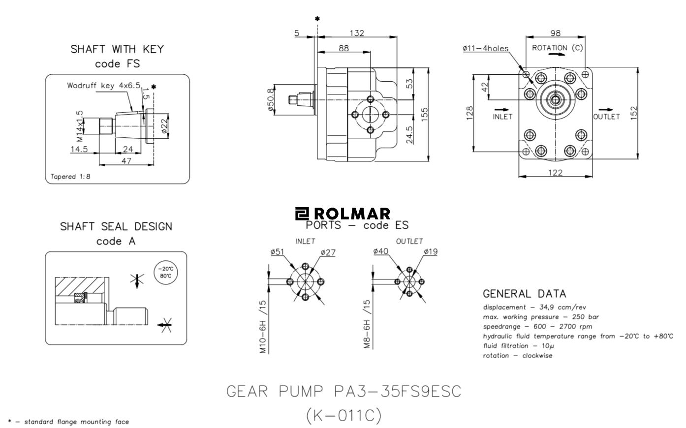 Pompa hydrauliczna zębata (do przyczepy leśnej) PA3-35FS9ESC 34.9cm3/obr Waryński
