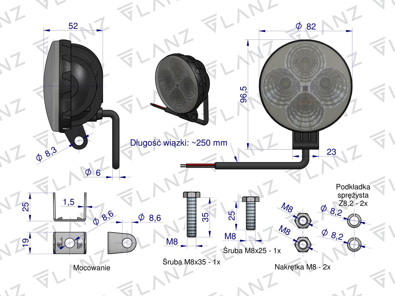 Lampa robocza okrągła mini 12W 4 LED GLANZ