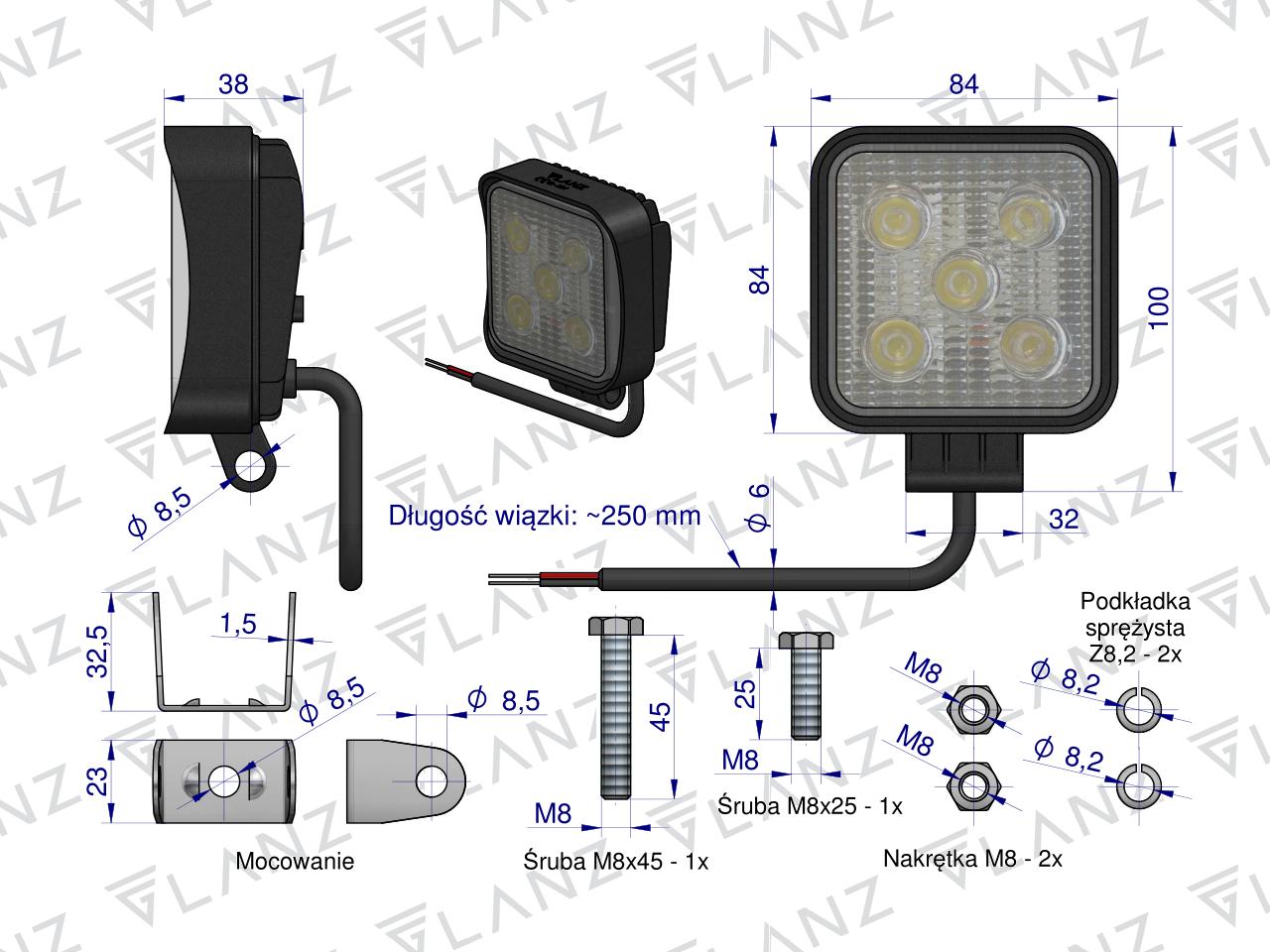 Lampa robocza kwadratowa mini 15W 5 LED GLANZ