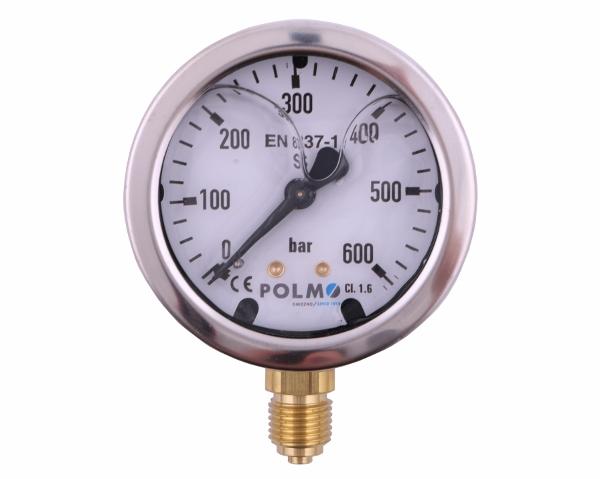Manometr glicerynowy M63 0-600 bar dolne przyłącze G1/4" POLMO