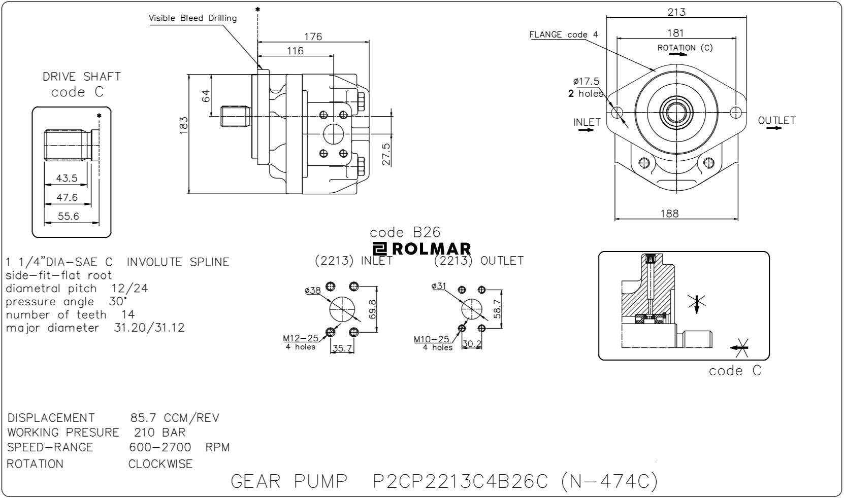 Pompa zębata N-474C P2CP2213C4B26C Spychacz JCB 430 Waryński
