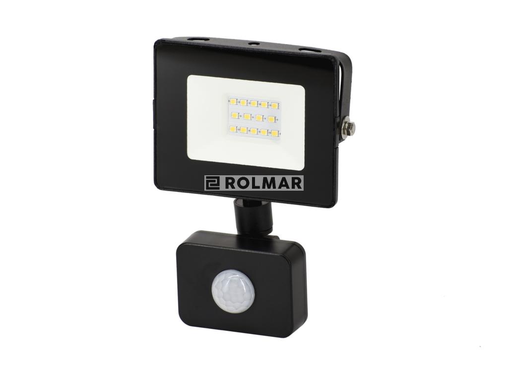 Naświetlacz, Lampa LED SMD 230V 10W 4000K 800LM IP65 CZARNY Z CZUJNIKIEM RUCHU