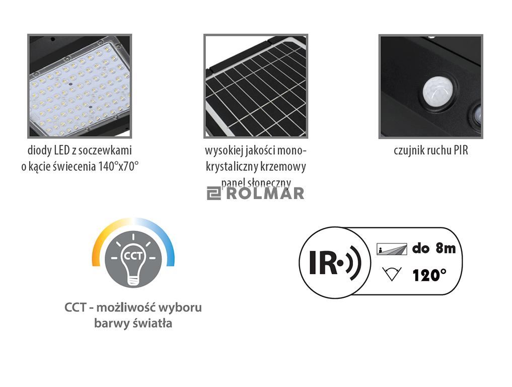 Solarna lampa. oprawa uliczna LED SOLGER 20W 3000LM ZMIENNA BARWA ŚWIATŁA 3000K, 4000K, 6000K IP65 z czujnikiem ruchu