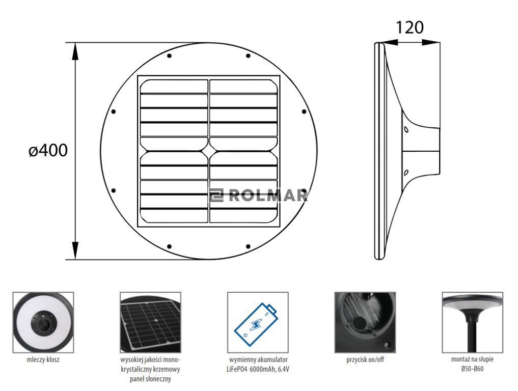 Solarna okrągła lampa. oprawa uliczna LED SOLGUM 20W 2200LM 4000K IP65