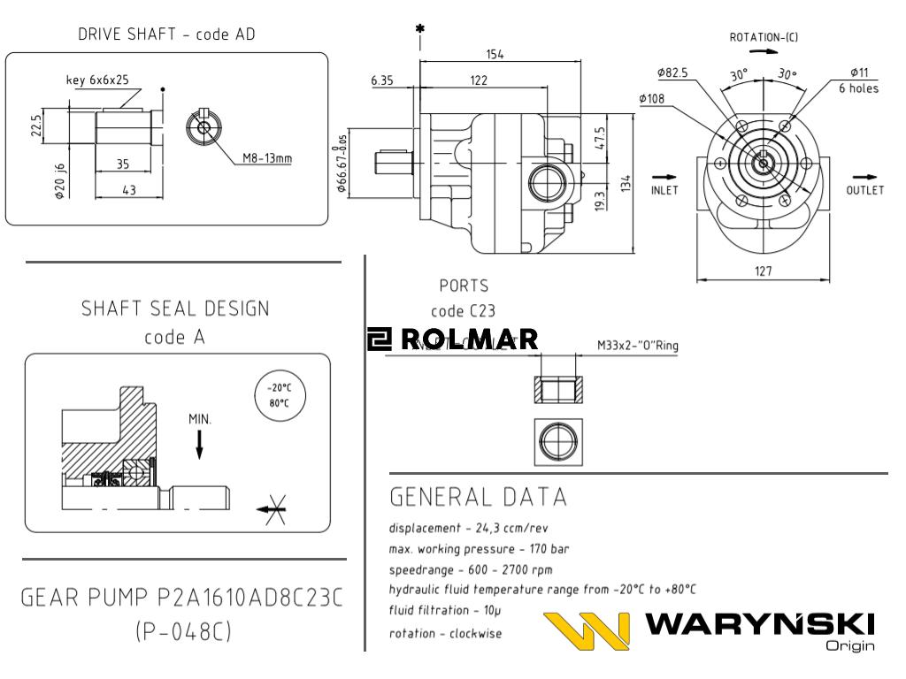 Pompa zębata P-48C P2A1610AD8C23C obroty prawe podnośniki koszowe P-183 i P-184 Waryński