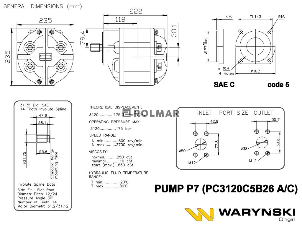 Pompa zebata P-7A PC3120C5B26A Ładowarka HSW Ł-34 obroty lewe Waryński
