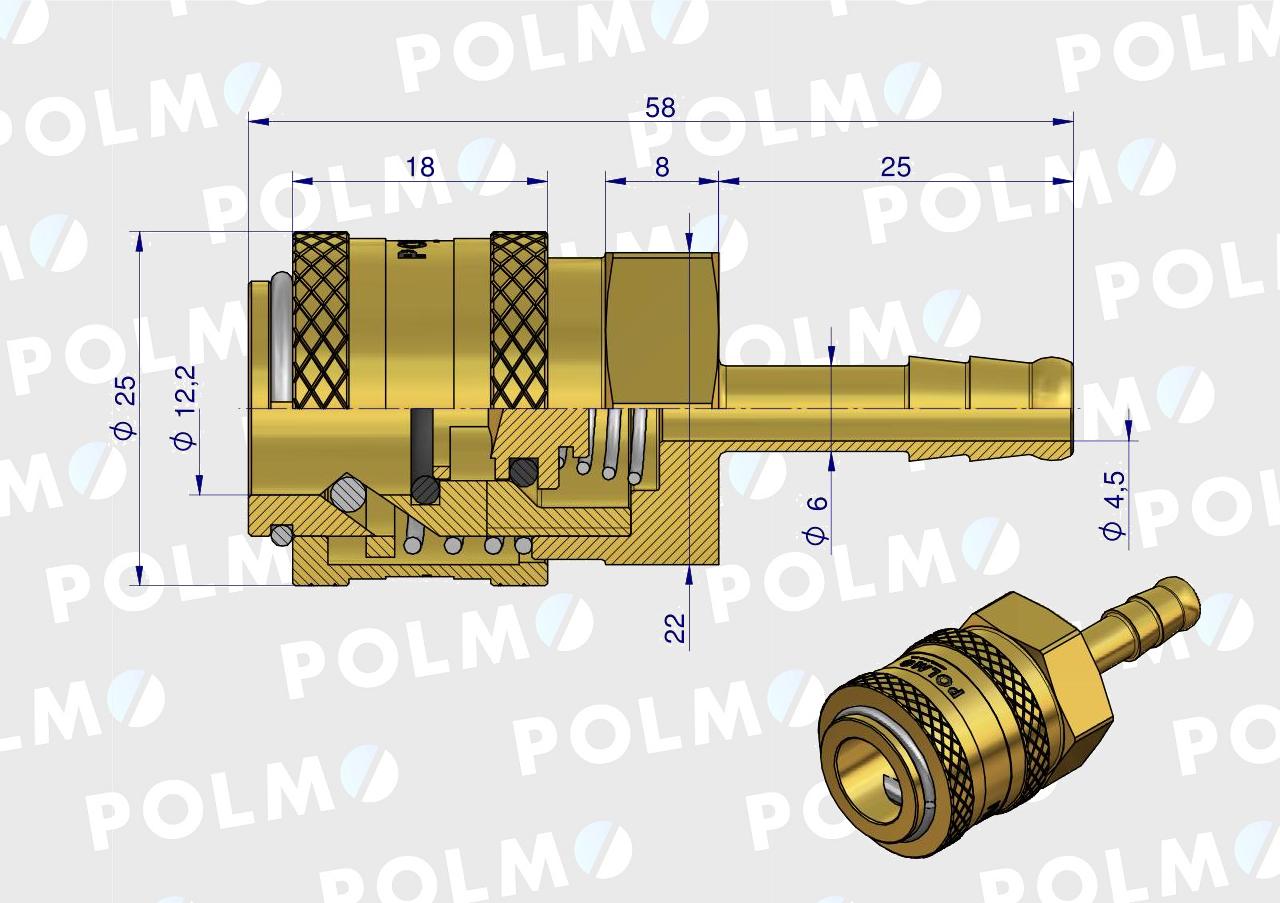 Szybkozłącze pneumatyczne P26 NW7.2 gniazdo pod wąż DN06mm POLMO ( sprzedawane po 5 )