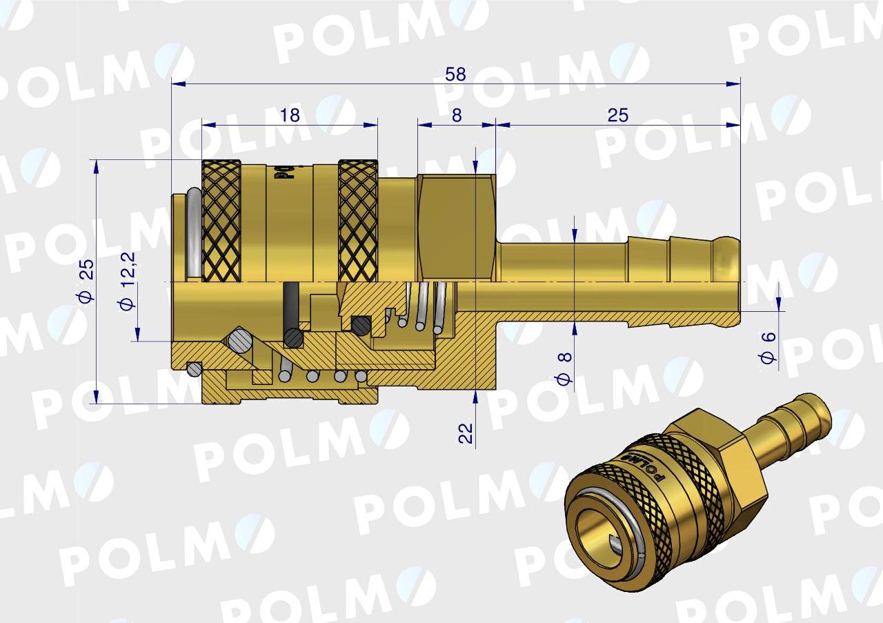 Szybkozłącze pneumatyczne P26 NW7.2 gniazdo pod wąż DN08mm POLMO ( sprzedawane po 5 )