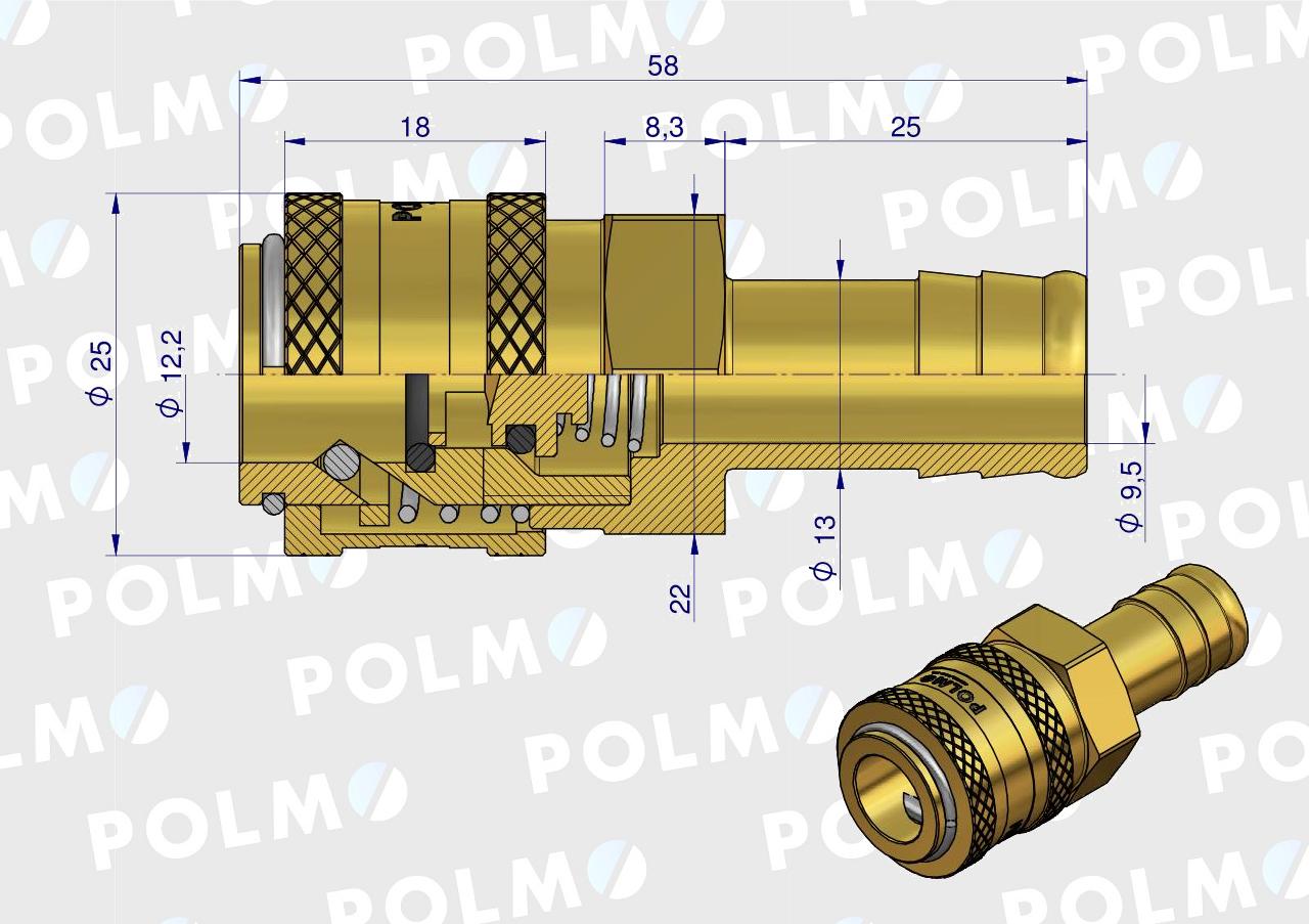 Szybkozłącze pneumatyczne P26 NW7.2 gniazdo pod wąż DN13mm POLMO  ( sprzedawane po 5 )