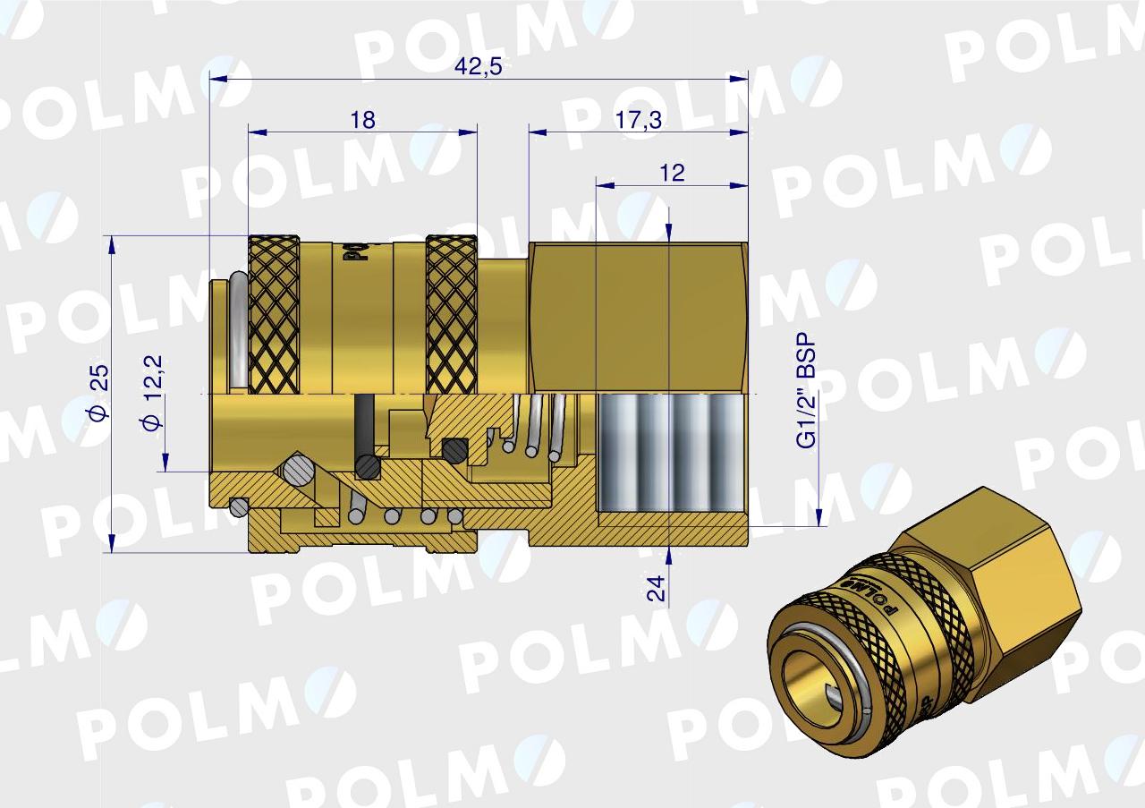 Szybkozłącze pneumatyczne P26 NW7.2 gniazdo 1/2"BSP gwint wewnętrzny POLMO  ( sprzedawane po 5 )