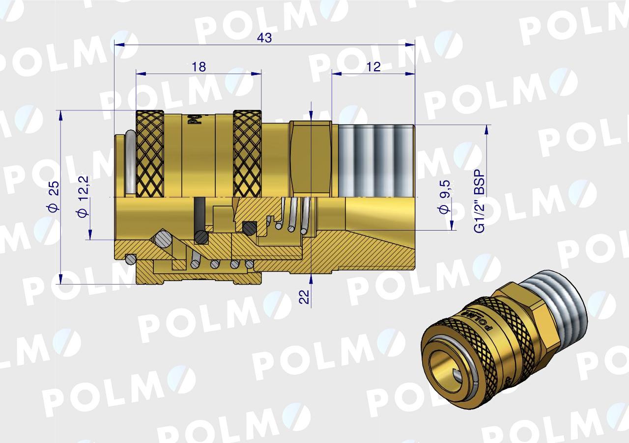 Szybkozłącze pneumatyczne P26 NW7.2 gniazdo 1/2"BSP gwint zewnętrzny POLMO  ( sprzedawane po 5 )