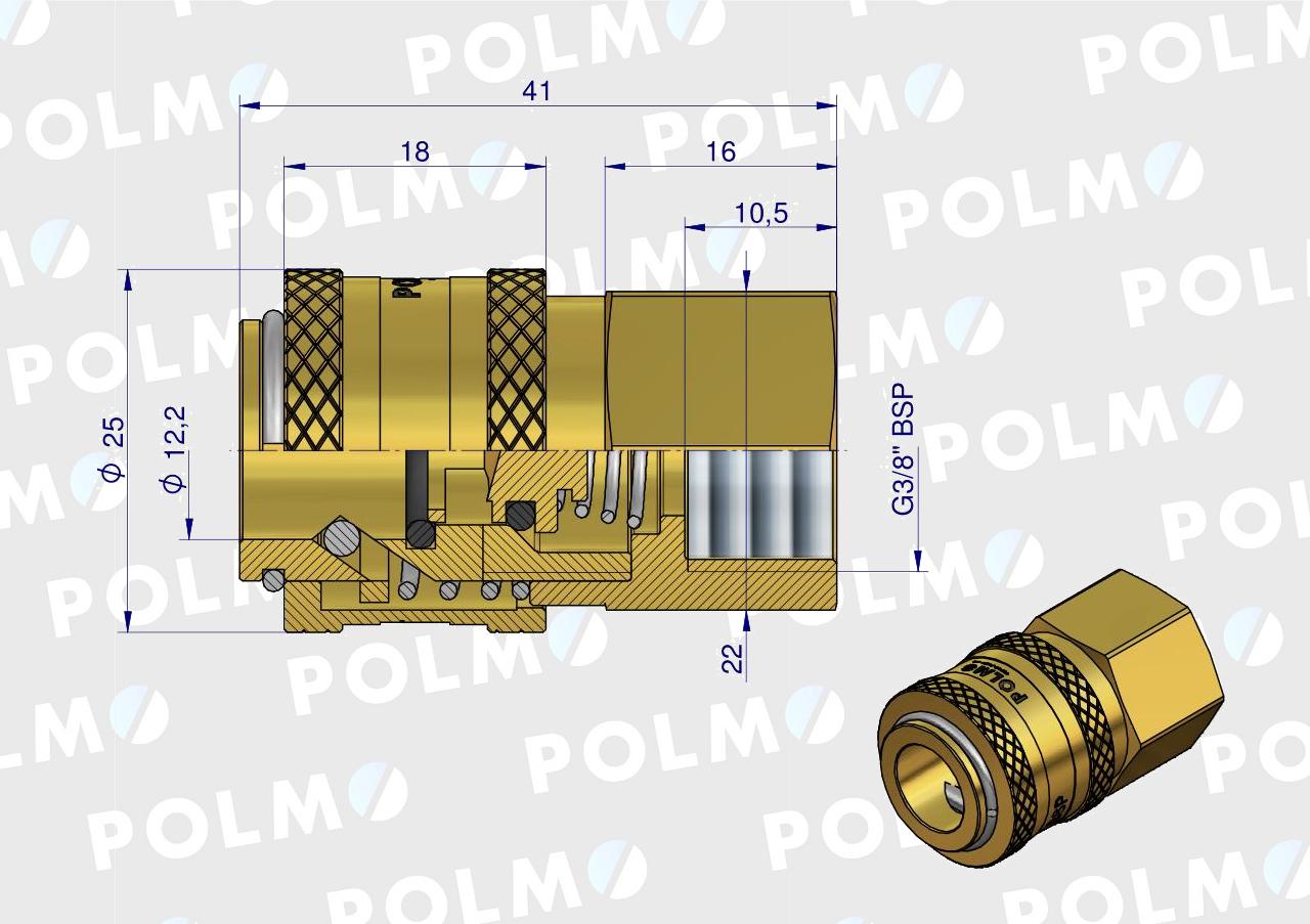 Szybkozłącze pneumatyczne P26 NW7.2 gniazdo 3/8"BSP gwint wewnętrzny POLMO  ( sprzedawane po 5 )