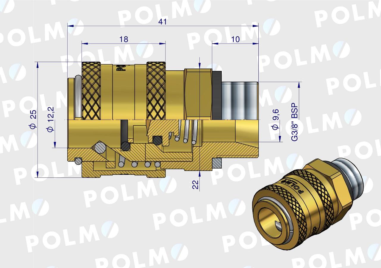 Szybkozłącze pneumatyczne P26 NW7.2 gniazdo 3/8"BSP gwint zewnętrzny POLMO  ( sprzedawane po 5 )