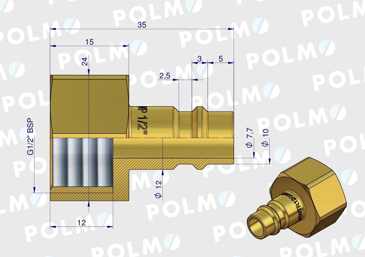 Szybkozłącze pneumatyczne P26 NW7.2 wtyczka 1/2"BSP gwint wewnętrzny POLMO  ( sprzedawane po 5 )