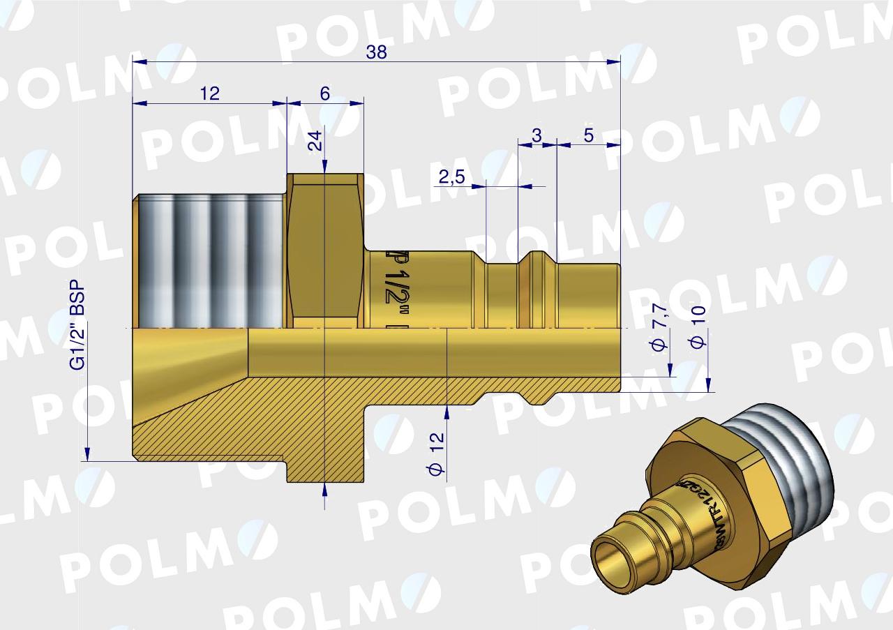 Szybkozłącze pneumatyczne P26 NW7.2 wtyczka 1/2"BSP gwint zewnętrzny POLMO  ( sprzedawane po 5 )