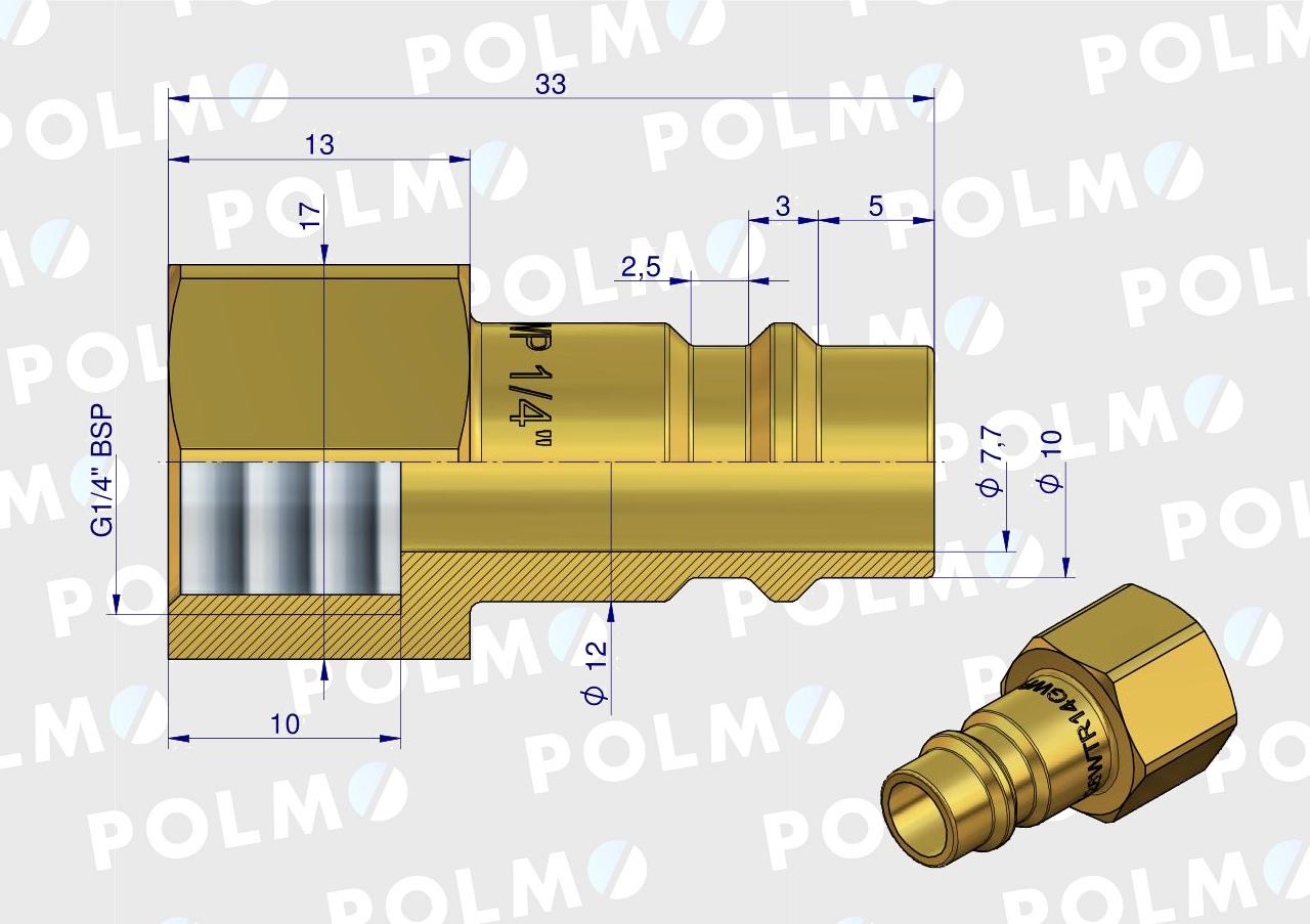 Szybkozłącze pneumatyczne P26 NW7.2 wtyczka 1/4"BSP gwint wewnętrzny POLMO  ( sprzedawane po 5 )