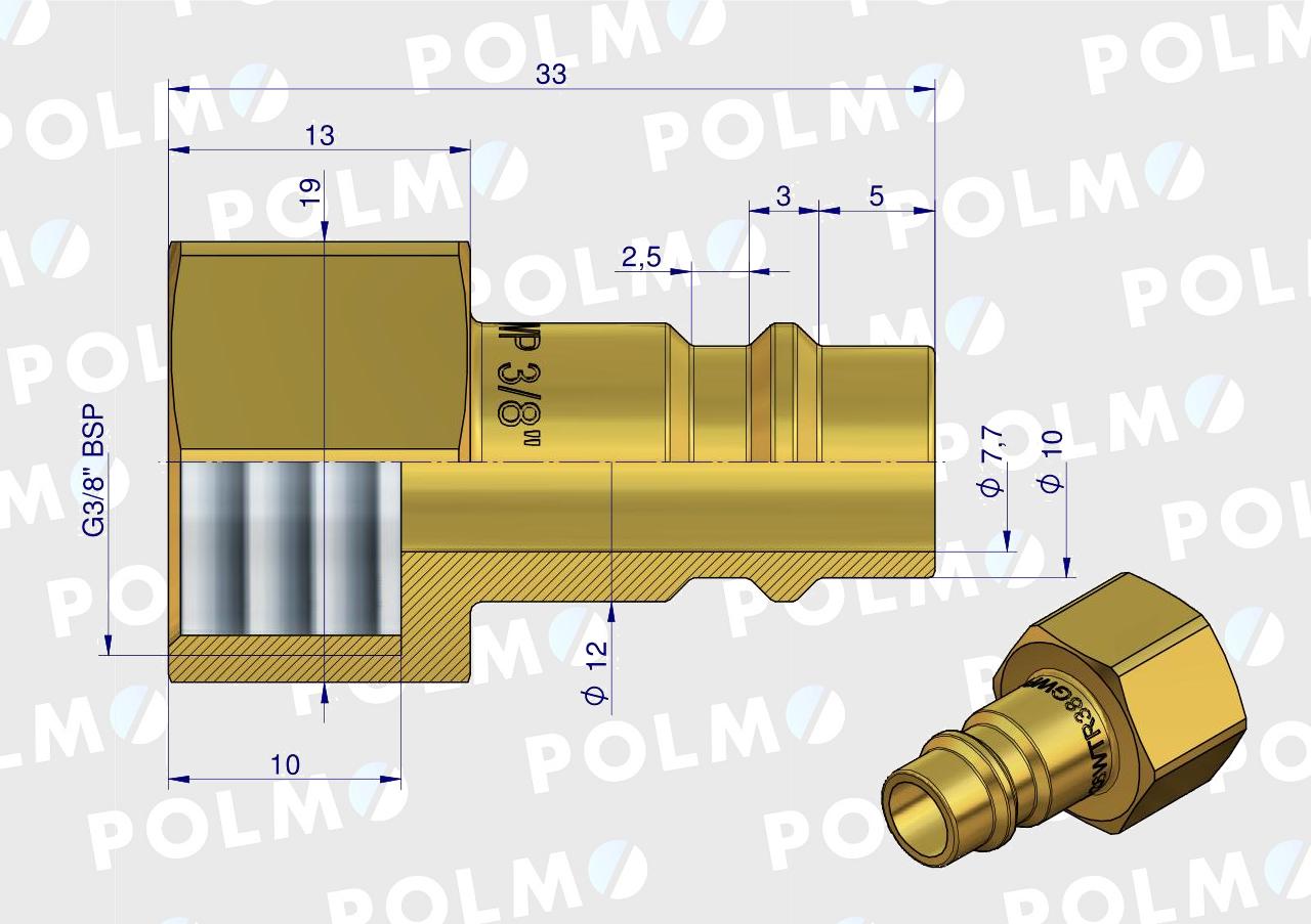 Szybkozłącze pneumatyczne P26 NW7.2 wtyczka 3/8"BSP gwint wewnętrzny POLMO  ( sprzedawane po 5 )