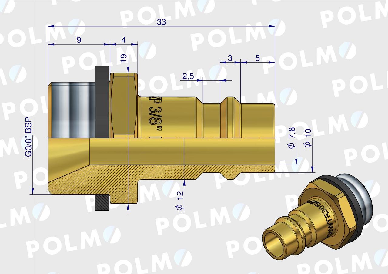 Szybkozłącze pneumatyczne P26 NW7.2 wtyczka 3/8"BSP gwint zewnętrzny POLMO  ( sprzedawane po 5 )