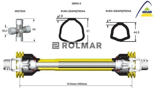 Wał przegubowo-teleskopowy (sprzęgło z kołkiem) 1010-1550mm 620 Nm 60970 CE seria 5 AKSAN