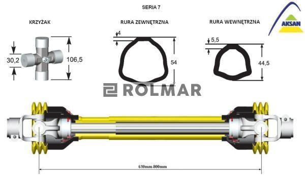 Wał przegubowo-teleskopowy 610-800mm 970Nm 80430 CE seria 7 ze sprzęgłem ciernym 1700Nm AKSAN