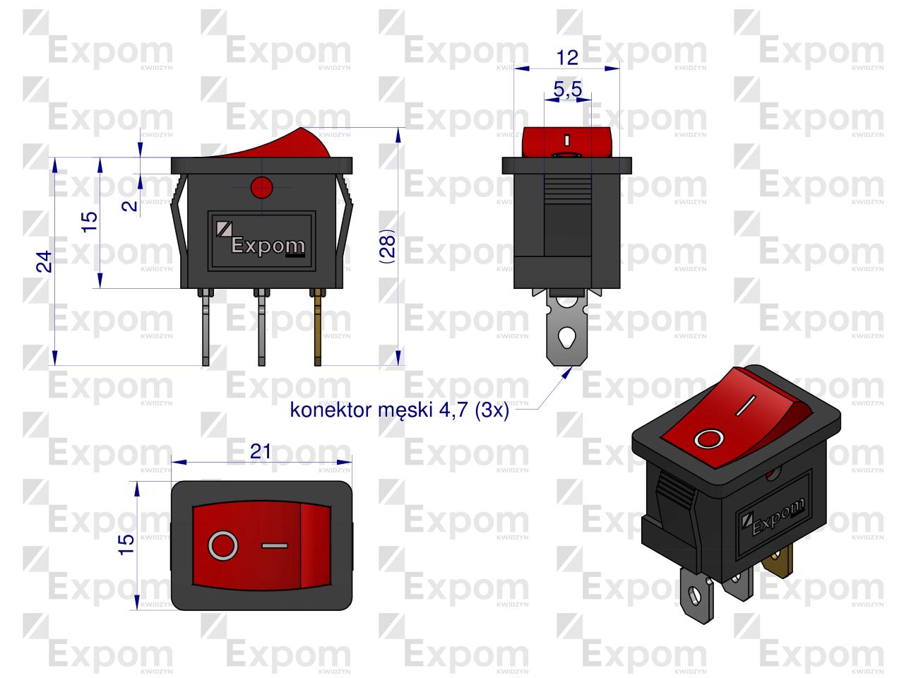 Przełącznik uniwersalny prostokątny  typu włącz/wyłącz Expom Kwidzyn eu