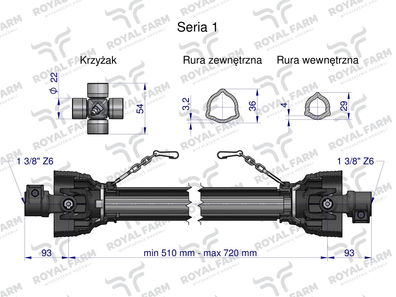Wał, przegubowo-teleskopowy 510-720mm 210Nm 10210 CE 2020 seria 1R WA21-51, Royal Farm