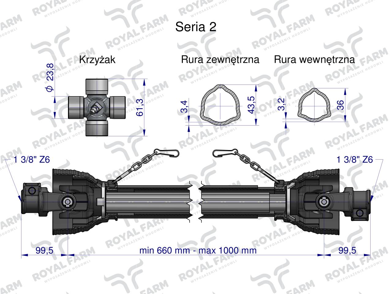 Wał, przegubowo-teleskopowy 660-1000mm 270Nm 40230 CE 2020 seria 2R WA25-61, Royal Farm