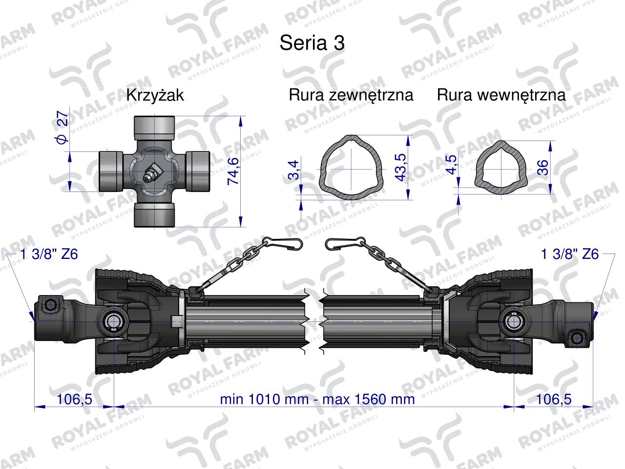 Wał, przegubowo-teleskopowy 1010-1560mm 460Nm 50270 CE 2020 seria 3R WA46-101 WA40-101, Royal Farm