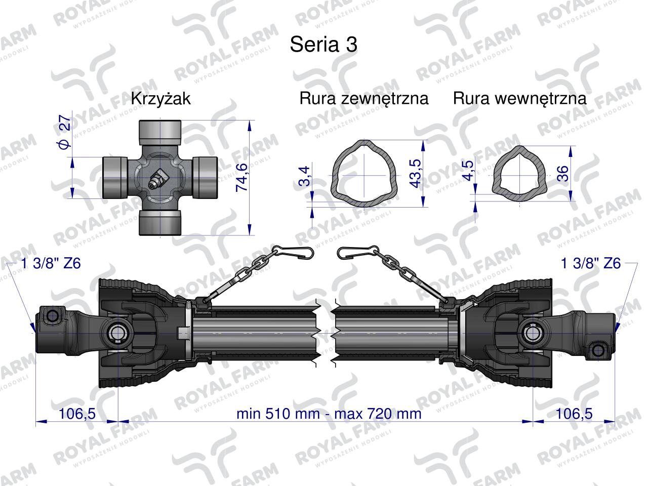 Wał, przegubowo-teleskopowy 510-720mm 460Nm 50210 CE 2020 seria 3R WA46-51 WA40-51, Royal Farm